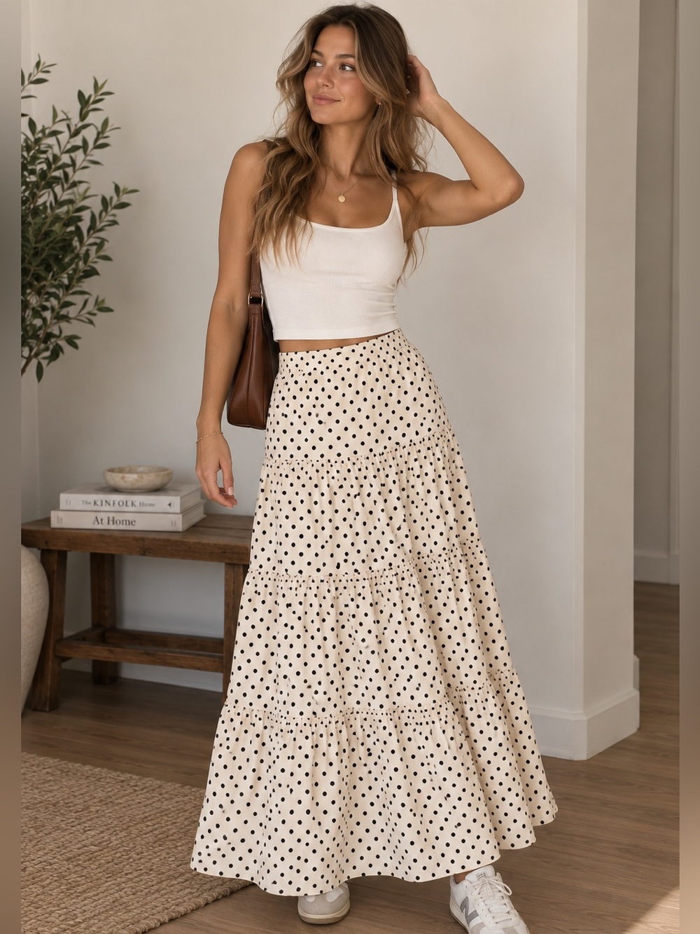 Statement Size Small Cream Black Polka Dot Tiered Maxi Skirt Boho
